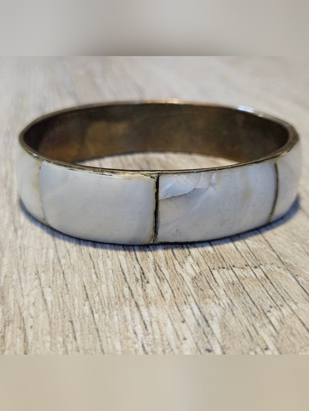 Vintage Brass Bangle Bracelet Featuring a Mother of Pearl Inlay